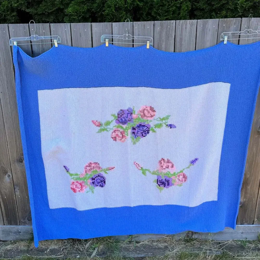 Vintage Large Crocheted Rose Blue & White Blanket